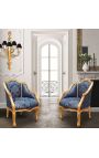 Bergere armchair Louis XV style blue "Gobelins" satine fabric and gold wood - 13