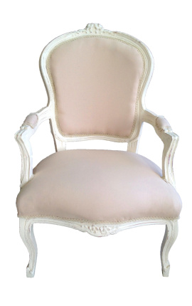 Liudviko XV stiliaus beige / ecru audinio ir smėlio spalvos lako fotelis su senos patinos aspektu.