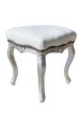 Barock fotpall Louis XV Vit läder och silver trä