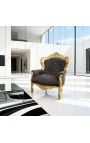 Big baroque style armchair chocolate suede fabric and gold wood