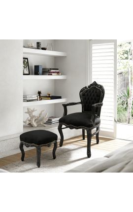 Barroco escabelo Louis XV tecido preto e madeira preta brilhante