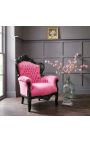 Grande poltrona in stile barocco di velluto rosa e legno laccato nero