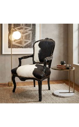 Fotel Louis XV z prawdziwej czarno-białej skóry bydlęcej i czarnego drewna - 2