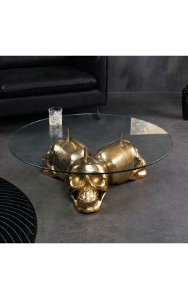 Apaļais kafijas galds ar zelta nāves galvu un stikla virsu