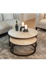 Conjunto de 2 mesas de café OSIS en metal de bronce y top de travertino beige