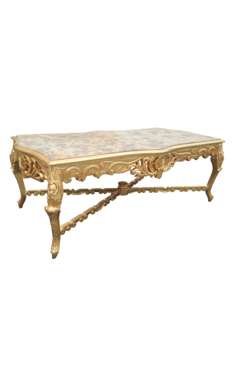 Très grande table de repas baroque en bois doré à la feuille et marbre beige