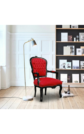 Sillón barroco Louis XV Tela de terciopelo rojo y madera negra brillante. - 2