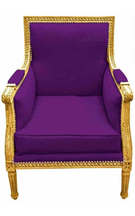 Grande bergère de style Louis XVI velours mauve et bois doré - 1