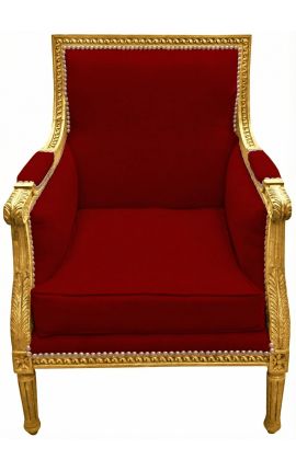Wielki Bergère krzesło Louis XVI w stylu burgundy i drewna - 1