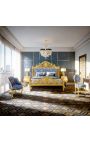 Lit Baroque tissu satiné bleu "Gobelins" et bois doré