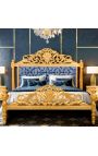 Barockbett blauer "Gobelins" Satinstoff und Goldholz