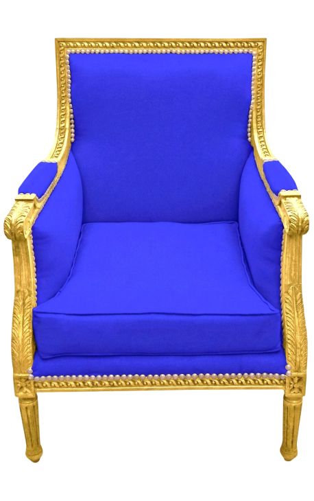 Silla grande Bergère Louis XVI estilo terciopelo azul y madera dorada - 1