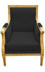 Grande bergère de style Louis XVI velours noir et bois doré - 1