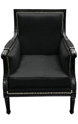 Silla grande Bergère Louis XVI estilo terciopelo negro y madera negra - 1