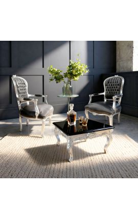 Square-sohvapöytä barokki hopeoitu puu kiiltävä musta yläosa