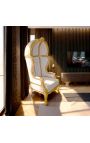 Grand fauteuil carrosse de style Baroque tissu simili cuir blanc et bois doré - 6