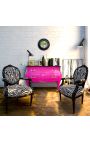 Baroque armchair Louis XVI style medallion zebra black and white fabric and black lacquered wood - 12