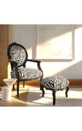 Barokk fotskammel Louis XV Zebra stoff og svart tre