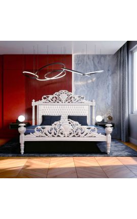 Barok bed met witte kunstleer en steentjes en glanzend wit hout