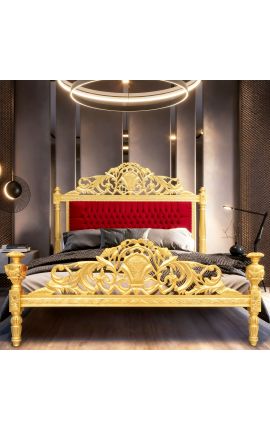 Letto barocco in tessuto di velluto rosso bordeaux e legno dorato