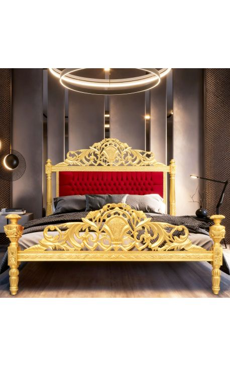 Baroque bed burgundy red velvet fabric and gold wood
