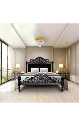 Lit Baroque tissu velours noir avec strass et bois laqué noir