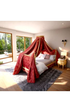 Barock Baldachin Bett mit Goldholz und Rot "Rebellen" satingewebe