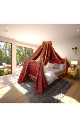 Barock Baldachin Bett mit Goldholz und Rot "Rebellen" satingewebe