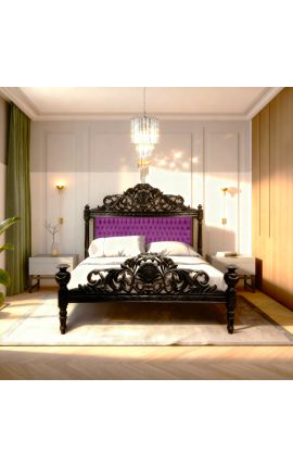 Baroque bed purple velvet fabric with rhinestones and black lacquered wood.