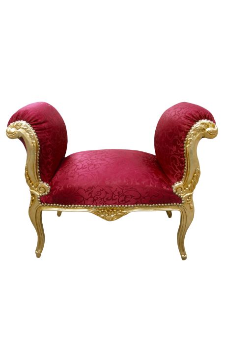 Banc barroc Louis XV Teixit de teatre satí vermell i fusta d'or - 1