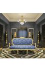 Louis XVI Sofà d'estil en satinat blau amb "gobelines" amb fusta daurada - 15
