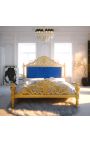 Lit Baroque tissu velours bleu et bois doré à la feuille