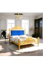 Cama barroca Tela de terciopelo azul profundo y madera de oro