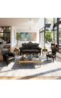 Barok bank stof zwart kunstleer en glanzend zwart hout - 13