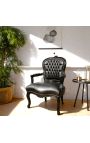 Fauteuil Louis XV de style baroque simili cuir noir et bois noir