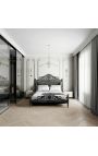 Lit Baroque tissu simili cuir noir avec strass et bois laqué noir