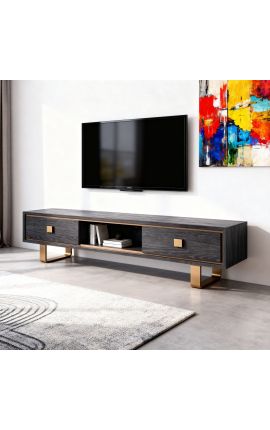 Meuble TV TALVORN en placage chêne noir et métal finition laiton doré – 190 cm