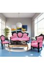 Grand fauteuil de style baroque velours rose et bois laqué noir