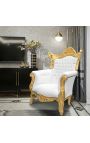 Grand Rococo Barock fåtölj vitt konstläder och guldträ - 9