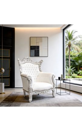 Grand Rococo Sillón barroco de cuero blanco y madera de plata - 2