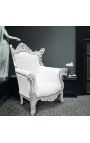Fotoliu Grand Rococo Baroc din piele albă și lemn argintiu - 6