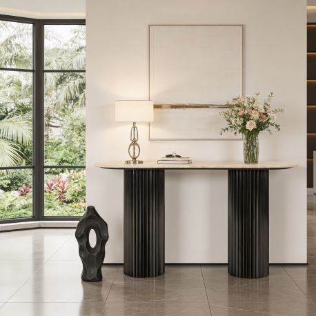 HENRY Console in black wood and top en travertin beige