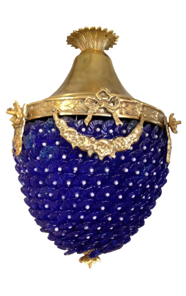 Kroonluchter blauw glas met brons