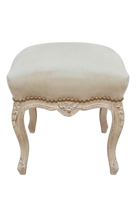 Footstool Louis XV Style Bege Velvet Fabric in bež patiniran les