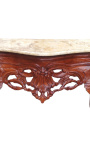 Console de style baroque bois teinté merisier et marbre beige