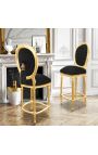Silla de bar estilo Luis XVI con pompón, tela de terciopelo negro y madera dorada