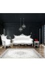 Barock rokoko 3-sits soffa vit konstläder och silverträ - 9