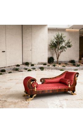 Stor Chaise Longue French Empire Style Red Satin Fabric och Mahogany