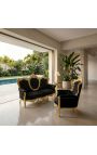 Big baroque style armchair fabric black velvet and gold wood - 13