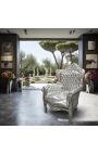 Big baroque style armchair silver leatherette and silver wood - 3